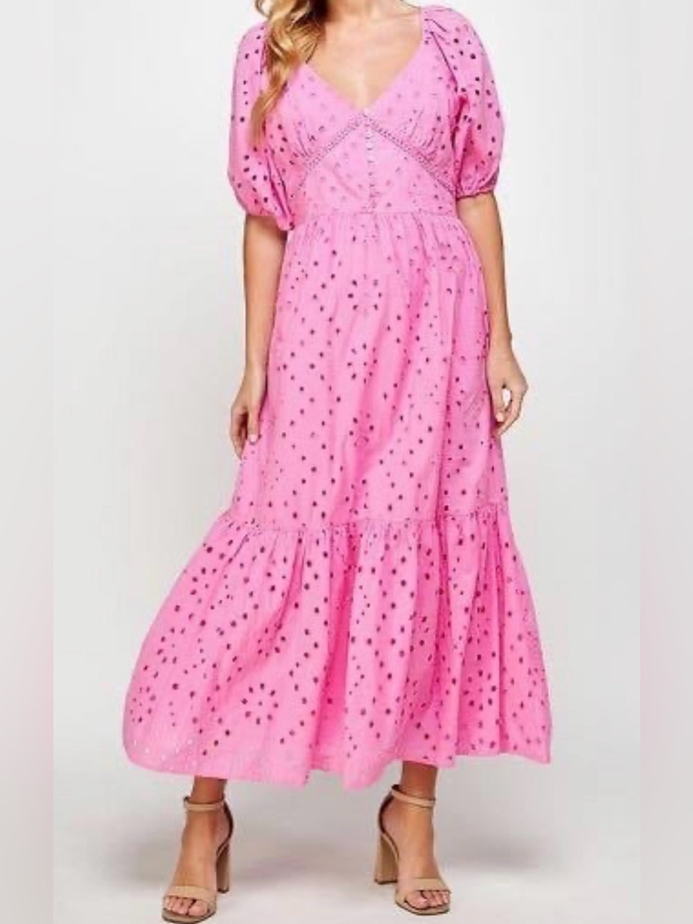 Zara OPENWORK EMBROIDERED Pink Eyelet Tiered Maxi Dress, Size L